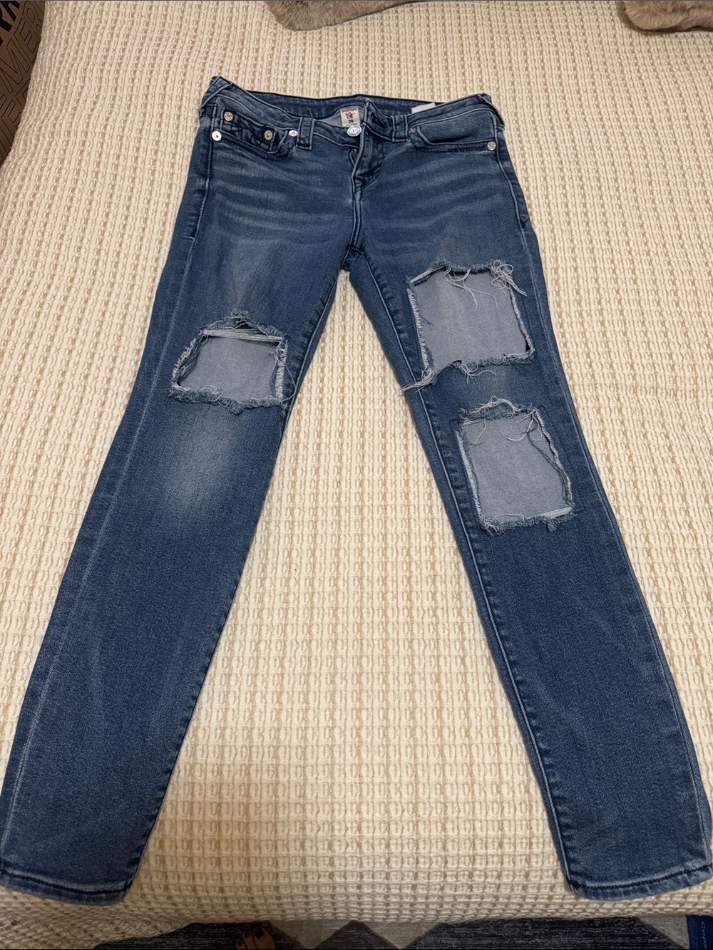 True Religion Womens Dark Blue Ripped Skinny Jeans